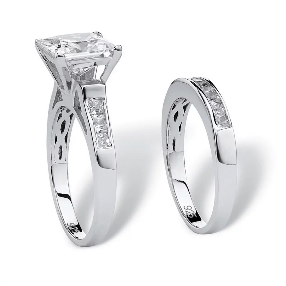 *NEW*2pc set 925 Silver Princess Cut Diamond Ring - Picture 2 of 5